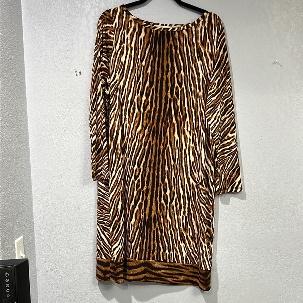 Michael Kors Brown Tan Sheath Dress Long Sleeve Bateau Size 1X